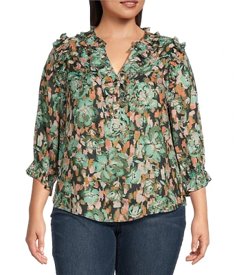 Democracy Plus Size Woven Floral Print V-Neck 3/4 Ruffle Edge Sleeve Top