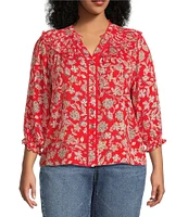 Democracy Plus Size Woven Floral Split V-Neck 3/4 Blouson Sleeve Lace Inset Ruffle Trim Button-Front Top