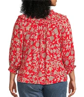 Democracy Plus Size Woven Floral Split V-Neck 3/4 Blouson Sleeve Lace Inset Ruffle Trim Button-Front Top