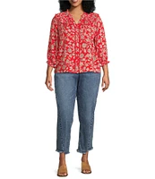 Democracy Plus Size Woven Floral Split V-Neck 3/4 Blouson Sleeve Lace Inset Ruffle Trim Button-Front Top
