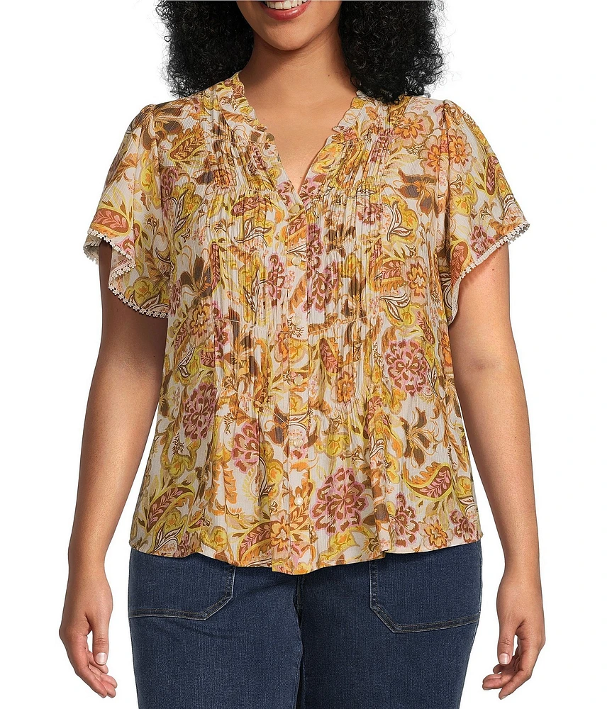 Democracy Plus Size Woven Floral Split V-Neck Short Sleeve Ruched Button-Front Top
