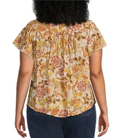 Democracy Plus Size Woven Floral Split V-Neck Short Sleeve Ruched Button-Front Top