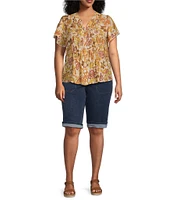 Democracy Plus Size Woven Floral Split V-Neck Short Sleeve Ruched Button-Front Top