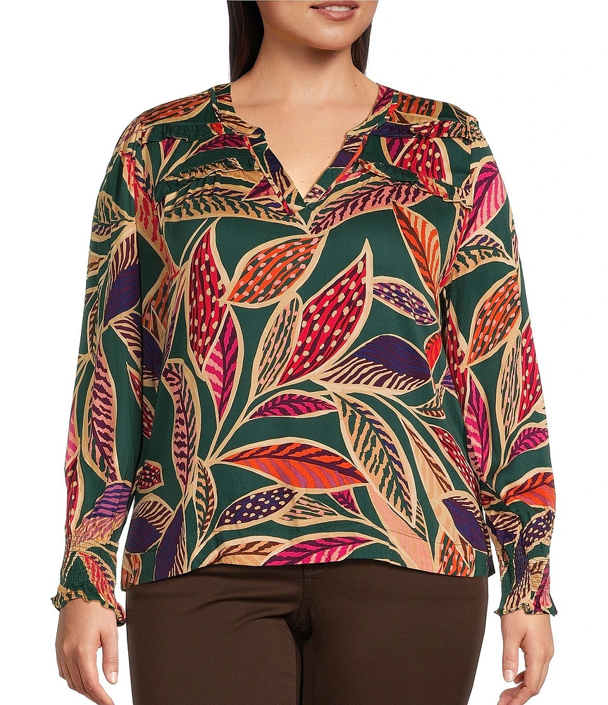 Democracy Plus Size Woven Leaf Print Double Ruffle Yoke Notch V-Neck Long Sleeve Top