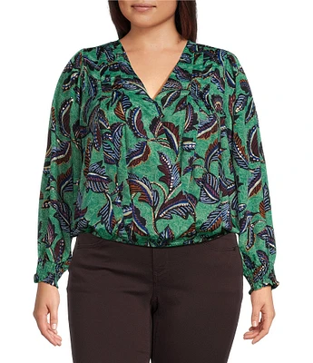 Democracy Plus Size Woven Leaf Print Surplice V-Neck Long Blouson Sleeve Overlap Top