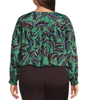 Democracy Plus Size Woven Leaf Print Surplice V-Neck Long Blouson Sleeve Overlap Top