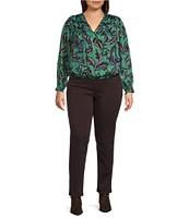 Democracy Plus Size Woven Leaf Print Surplice V-Neck Long Blouson Sleeve Overlap Top