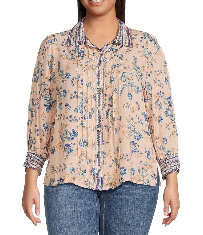 Democracy Plus Size Woven Printed Spread Collar 3/4 Sleeve Pintuck Detail Button Front Shirt