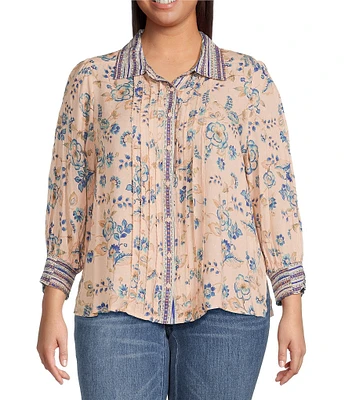 Democracy Plus Size Woven Printed Spread Collar 3/4 Sleeve Pintuck Detail Button Front Shirt