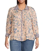 Democracy Plus Size Woven Printed Spread Collar 3/4 Sleeve Pintuck Detail Button Front Shirt