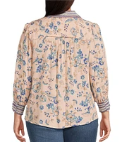Democracy Plus Size Woven Printed Spread Collar 3/4 Sleeve Pintuck Detail Button Front Shirt