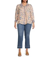 Democracy Plus Size Woven Printed Spread Collar 3/4 Sleeve Pintuck Detail Button Front Shirt