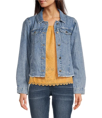 Democracy Point Collar Long Sleeve Frayed Hem Chest Flap Pocket Button Front Denim Jacket