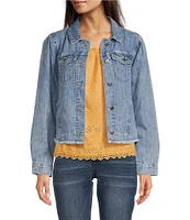 Democracy Point Collar Long Sleeve Frayed Hem Chest Flap Pocket Button Front Denim Jacket