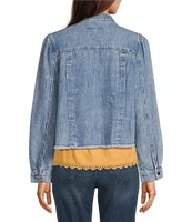 Democracy Point Collar Long Sleeve Frayed Hem Chest Flap Pocket Button Front Denim Jacket