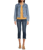 Democracy Point Collar Long Sleeve Frayed Hem Chest Flap Pocket Button Front Denim Jacket