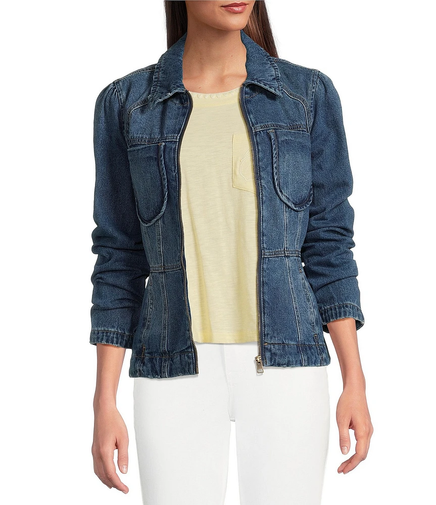 Democracy Point Collar Long Sleeve Peplum Denim Jacket