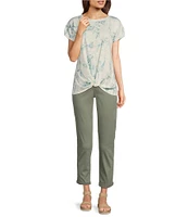 Democracy Petite Size Printed Scoop Neck Short Sleeve Twist Front Hem Knit Top