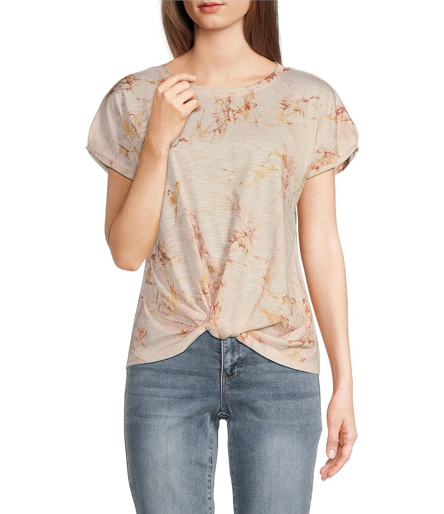 Democracy Petite Size Printed Scoop Neck Short Sleeve Twist Front Hem Knit Top