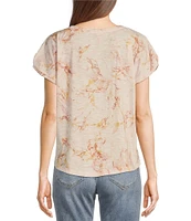 Democracy Petite Size Printed Scoop Neck Short Sleeve Twist Front Hem Knit Top