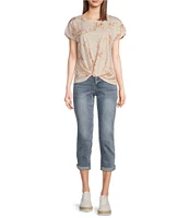 Democracy Petite Size Printed Scoop Neck Short Sleeve Twist Front Hem Knit Top