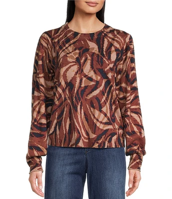 Democracy Abstract Printed Crew Neck Long Puff Sleeve Sweater