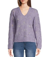 Democracy Scalloped V-Neck Long Sleeve Pointelle Stitch Sweater