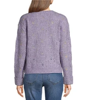 Democracy Scalloped V-Neck Long Sleeve Pointelle Stitch Sweater