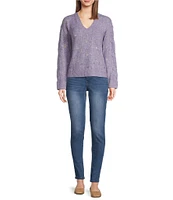 Democracy Scalloped V-Neck Long Sleeve Pointelle Stitch Sweater