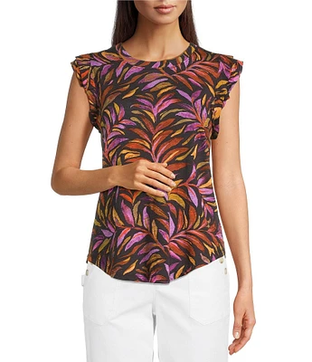 Democracy Slub Jersey Knit Leaf Print Crew Neck Ruffle Cap Sleeve Shirttail Hem Top