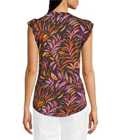 Democracy Slub Jersey Knit Leaf Print Crew Neck Ruffle Cap Sleeve Shirttail Hem Top