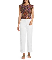 Democracy Slub Jersey Knit Leaf Print Crew Neck Ruffle Cap Sleeve Shirttail Hem Top