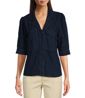 Democracy Solid Notch Collar Elbow Puff Sleeve Hidden Placket Denim Button Down Shirt