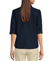 Democracy Solid Notch Collar Elbow Puff Sleeve Hidden Placket Denim Button Down Shirt