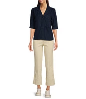 Democracy Solid Notch Collar Elbow Puff Sleeve Hidden Placket Denim Button Down Shirt