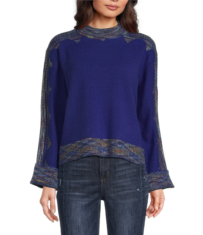 Democracy Space-Dye Frame Print Mock Neck Long Sleeve Sweater