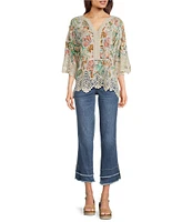 Democracy Split V-Neck Crochet Scallop Trim Peplum Top
