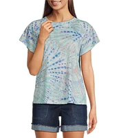 Democracy Tie-Dye Floral Knit Crew Neck Short Sleeve Boyfriend Tee Shirt