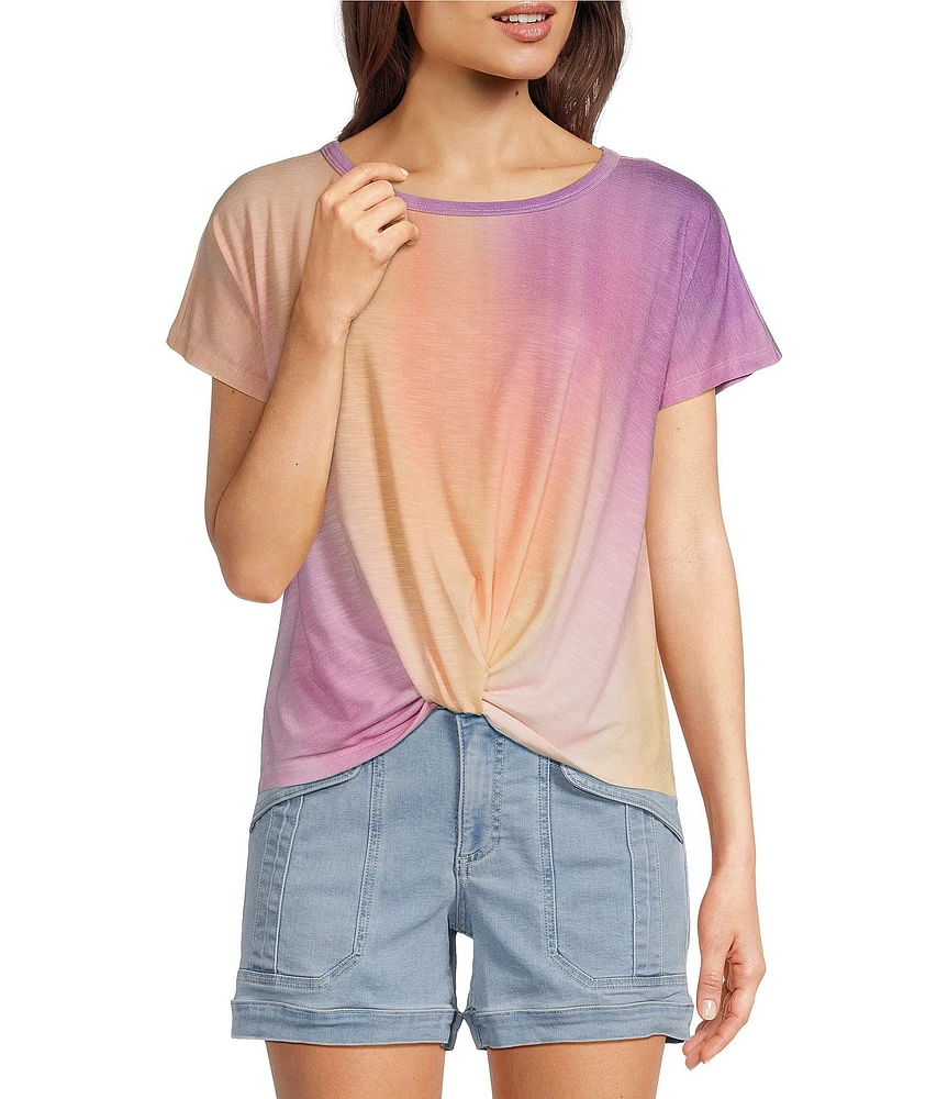 Democracy Tie-Dye Knit Scoop Neck Short Sleeve Twist Front Hem Knit Top