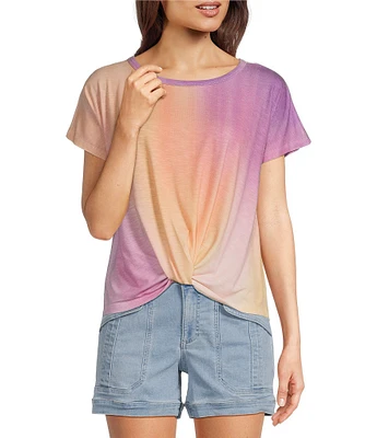 Democracy Tie-Dye Knit Scoop Neck Short Sleeve Twist Front Hem Knit Top