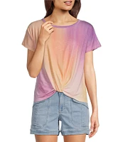 Democracy Tie-Dye Knit Scoop Neck Short Sleeve Twist Front Hem Knit Top