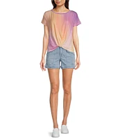 Democracy Tie-Dye Knit Scoop Neck Short Sleeve Twist Front Hem Knit Top