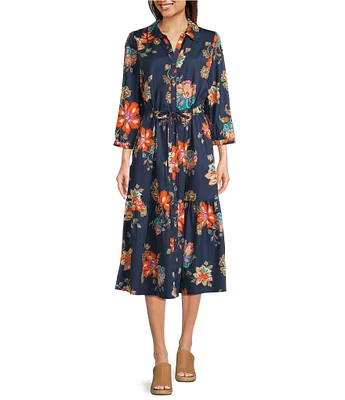 Democracy Woven Floral 3/4 Blouson Sleeve Belted Tiered Shirt Dress