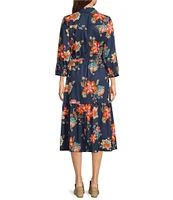 Democracy Woven Floral 3/4 Blouson Sleeve Belted Tiered Shirt Dress