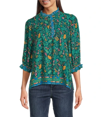 Democracy Woven Floral Border Print Round Ruffle Trim Neck 3/4 Sleeve Top