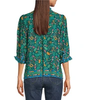 Democracy Woven Floral Border Print Round Ruffle Trim Neck 3/4 Sleeve Top