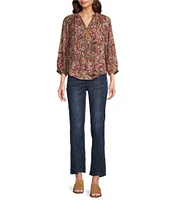 Democracy Woven Floral Paisley Split V-Neck 3/4 Sleeve Top