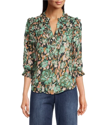 Democracy Woven Floral Print V-Neck 3/4 Ruffle Edge Sleeve Top