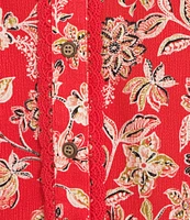 Democracy Woven Floral Split V-Neck 3/4 Blouson Sleeve Lace Inset Ruffle Trim Button-Front Top
