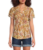 Democracy Woven Floral Split V-Neck Short Sleeve Ruched Button Front Top